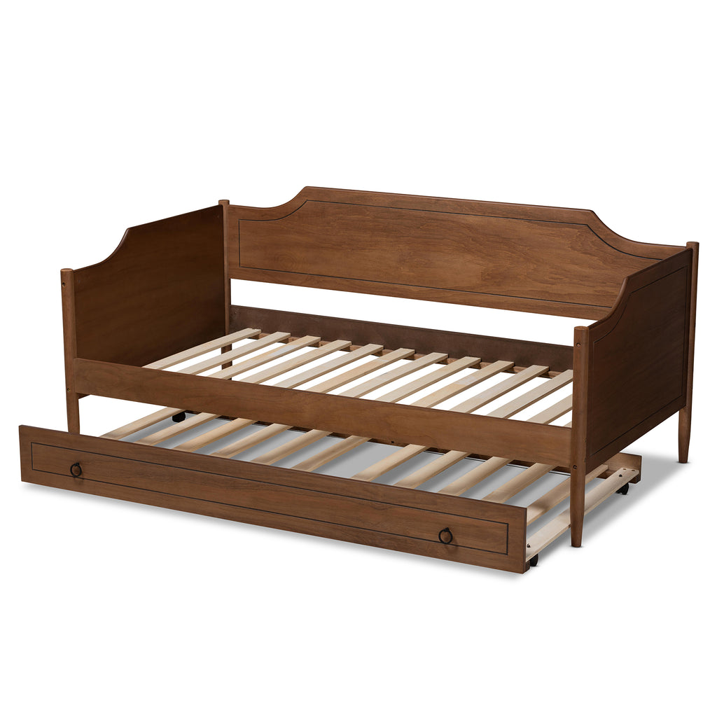 Alya Classic Traditional Farmhouse Walnut Brown Finished Wood Twin Size Daybed with Roll-Out Trundle Bed