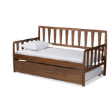 Midori Modern and Contemporary Transitional Walnut Brown Finished Wood Twin Size Daybed with Roll-Out Trundle Bed