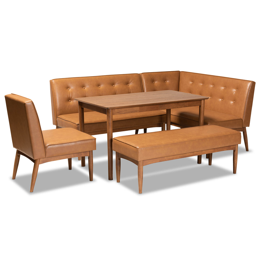 Baxton Studio Arvid Mid-Century Modern Tan Faux Leather Upholstered and Walnut Brown Finished Wood 5-Piece Dining Nook Set