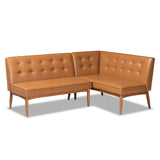 Arvid Mid-Century Modern Tan Faux Leather Upholstered and Walnut Brown Finished Wood 2-Piece Dining Corner Sofa Bench