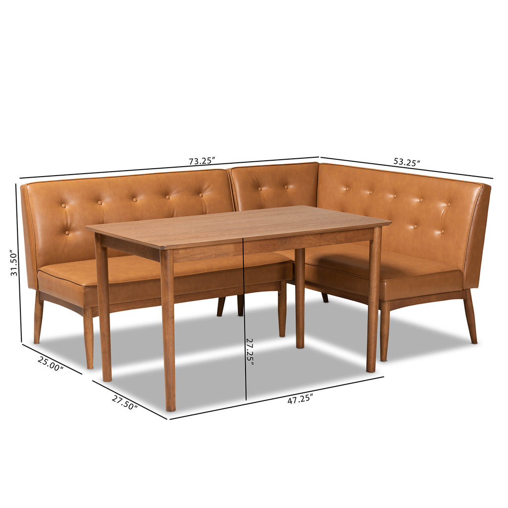 Baxton Studio Arvid Mid-Century Modern Tan Faux Leather Upholstered and Walnut Brown Finished Wood 3-Piece Dining Nook Set