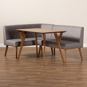 Baxton Studio Odessa Mid-Century Modern Grey Fabric Upholstered and Walnut Brown Finished Wood 3-Piece Dining Nook Set
