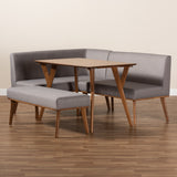 Baxton Studio Odessa Mid-Century Modern Grey Fabric Upholstered and Walnut Brown Finished Wood 4-Piece Dining Nook Set