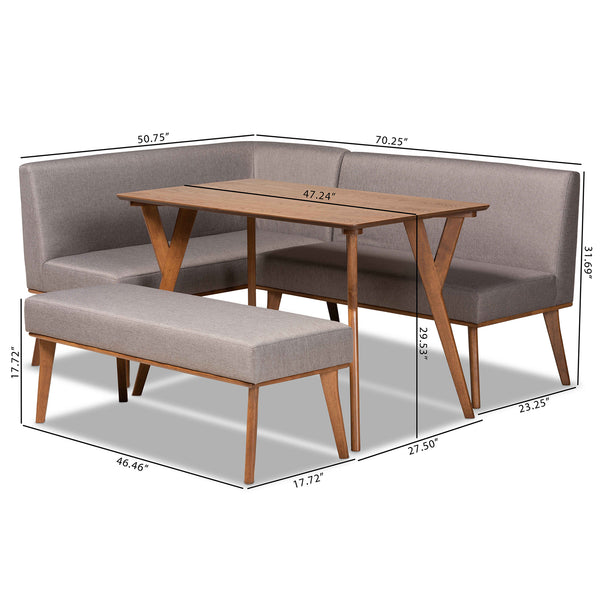 Baxton Studio Odessa Mid-Century Modern Grey Fabric Upholstered and Walnut Brown Finished Wood 4-Piece Dining Nook Set