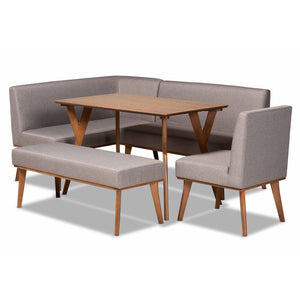 Baxton Studio Odessa Mid-Century Modern Grey Fabric Upholstered and Walnut Brown Finished Wood 5-Piece Dining Nook Set
