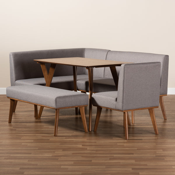 Baxton Studio Odessa Mid-Century Modern Grey Fabric Upholstered and Walnut Brown Finished Wood 5-Piece Dining Nook Set