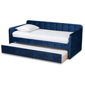 Baxton Studio Jona Modern and Contemporary Transitional Navy Blue Velvet Fabric Upholstered and Button Tufted Twin Size Daybed with Trundle