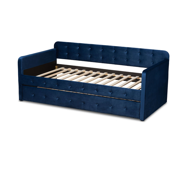 Baxton Studio Jona Modern and Contemporary Transitional Navy Blue Velvet Fabric Upholstered and Button Tufted Twin Size Daybed with Trundle