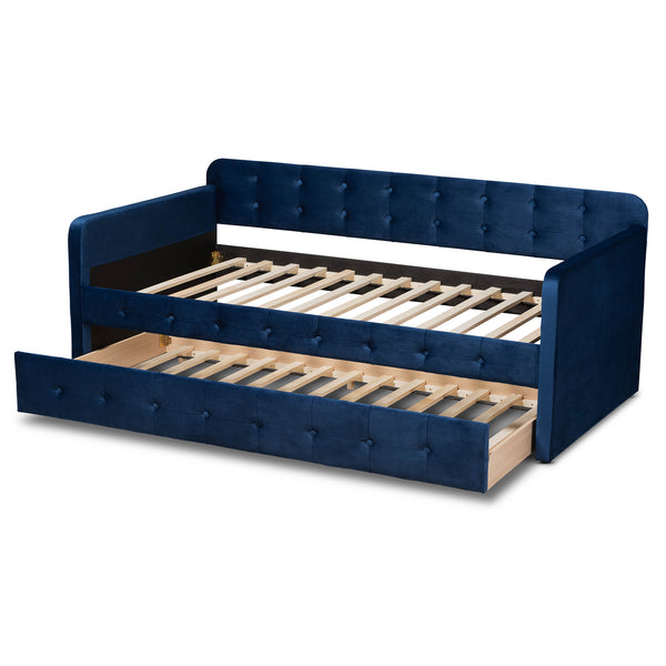 Baxton Studio Jona Modern and Contemporary Transitional Navy Blue Velvet Fabric Upholstered and Button Tufted Twin Size Daybed with Trundle