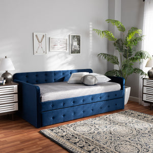 Baxton Studio Jona Modern and Contemporary Transitional Navy Blue Velvet Fabric Upholstered and Button Tufted Twin Size Daybed with Trundle