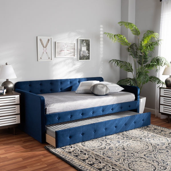 Baxton Studio Jona Modern and Contemporary Transitional Navy Blue Velvet Fabric Upholstered and Button Tufted Twin Size Daybed with Trundle