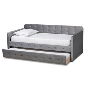 Baxton Studio Jona Modern and Contemporary Transitional Grey Velvet Fabric Upholstered and Button Tufted Twin Size Daybed with Trundle