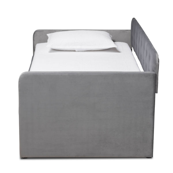 Baxton Studio Jona Modern and Contemporary Transitional Grey Velvet Fabric Upholstered and Button Tufted Twin Size Daybed with Trundle