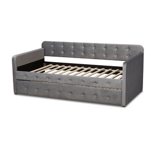 Baxton Studio Jona Modern and Contemporary Transitional Grey Velvet Fabric Upholstered and Button Tufted Twin Size Daybed with Trundle