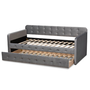 Baxton Studio Jona Modern and Contemporary Transitional Grey Velvet Fabric Upholstered and Button Tufted Twin Size Daybed with Trundle