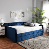 Baxton Studio Jona Modern and Contemporary Transitional Navy Blue Velvet Fabric Upholstered and Button Tufted Queen Size Daybed with Trundle