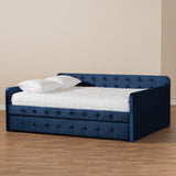 Baxton Studio Jona Modern and Contemporary Transitional Navy Blue Velvet Fabric Upholstered and Button Tufted Queen Size Daybed with Trundle