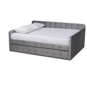 Baxton Studio Jona Modern and Contemporary Transitional Grey Velvet Fabric Upholstered and Button Tufted Queen Size Daybed with Trundle