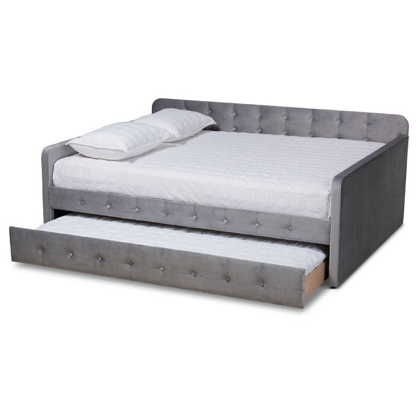 Baxton Studio Jona Modern and Contemporary Transitional Grey Velvet Fabric Upholstered and Button Tufted Queen Size Daybed with Trundle