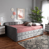 Baxton Studio Jona Modern and Contemporary Transitional Grey Velvet Fabric Upholstered and Button Tufted Queen Size Daybed with Trundle