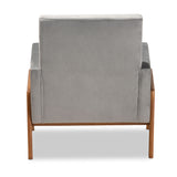 Baxton Studio Perris Mid-Century Modern Grey Velvet Fabric Upholstered and Walnut Brown Finished Wood Lounge Chair