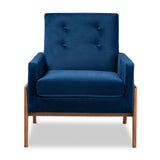 Baxton Studio Perris Mid-Century Modern Navy Blue Velvet Fabric Upholstered and Walnut Brown Finished Wood Lounge Chair