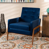 Baxton Studio Perris Mid-Century Modern Navy Blue Velvet Fabric Upholstered and Walnut Brown Finished Wood Lounge Chair