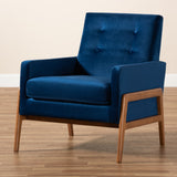 Baxton Studio Perris Mid-Century Modern Navy Blue Velvet Fabric Upholstered and Walnut Brown Finished Wood Lounge Chair