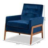 Baxton Studio Perris Mid-Century Modern Navy Blue Velvet Fabric Upholstered and Walnut Brown Finished Wood Lounge Chair