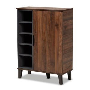 Idina Mid-Century Modern Two-Tone Walnut Brown and Grey Finished Wood 1-Door Shoe Cabinet