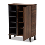 Idina Mid-Century Modern Two-Tone Walnut Brown and Grey Finished Wood 1-Door Shoe Cabinet