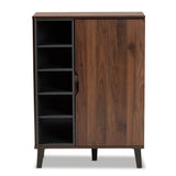 Idina Mid-Century Modern Two-Tone Walnut Brown and Grey Finished Wood 1-Door Shoe Cabinet