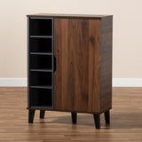 Idina Mid-Century Modern Two-Tone Walnut Brown and Grey Finished Wood 1-Door Shoe Cabinet