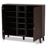 Idina Mid-Century Modern Two-Tone Dark Brown and Grey Finished Wood 2-Door Shoe Cabinet