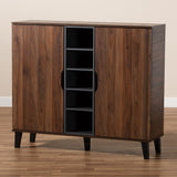 Idina Mid-Century Modern Two-Tone Walnut Brown and Grey Finished Wood 2-Door Shoe Cabinet