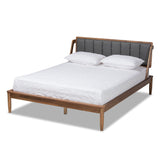 Helsa Mid-Century Modern Dark Grey Fabric Upholstered and Walnut Finished Platform Bed