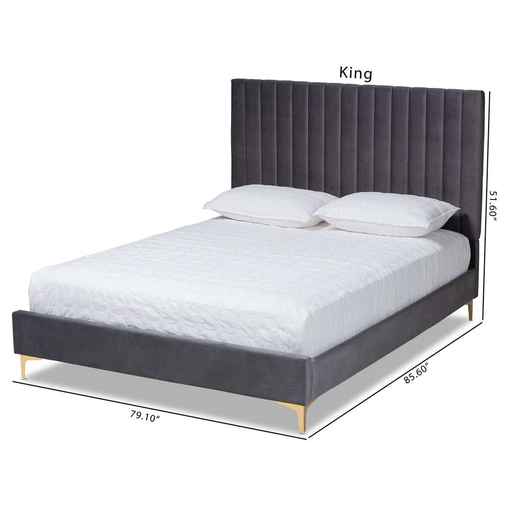 Baxton Studio Serrano Contemporary Glam and Luxe Grey Velvet Fabric Upholstered and Gold Metal Full Size Platform Bed