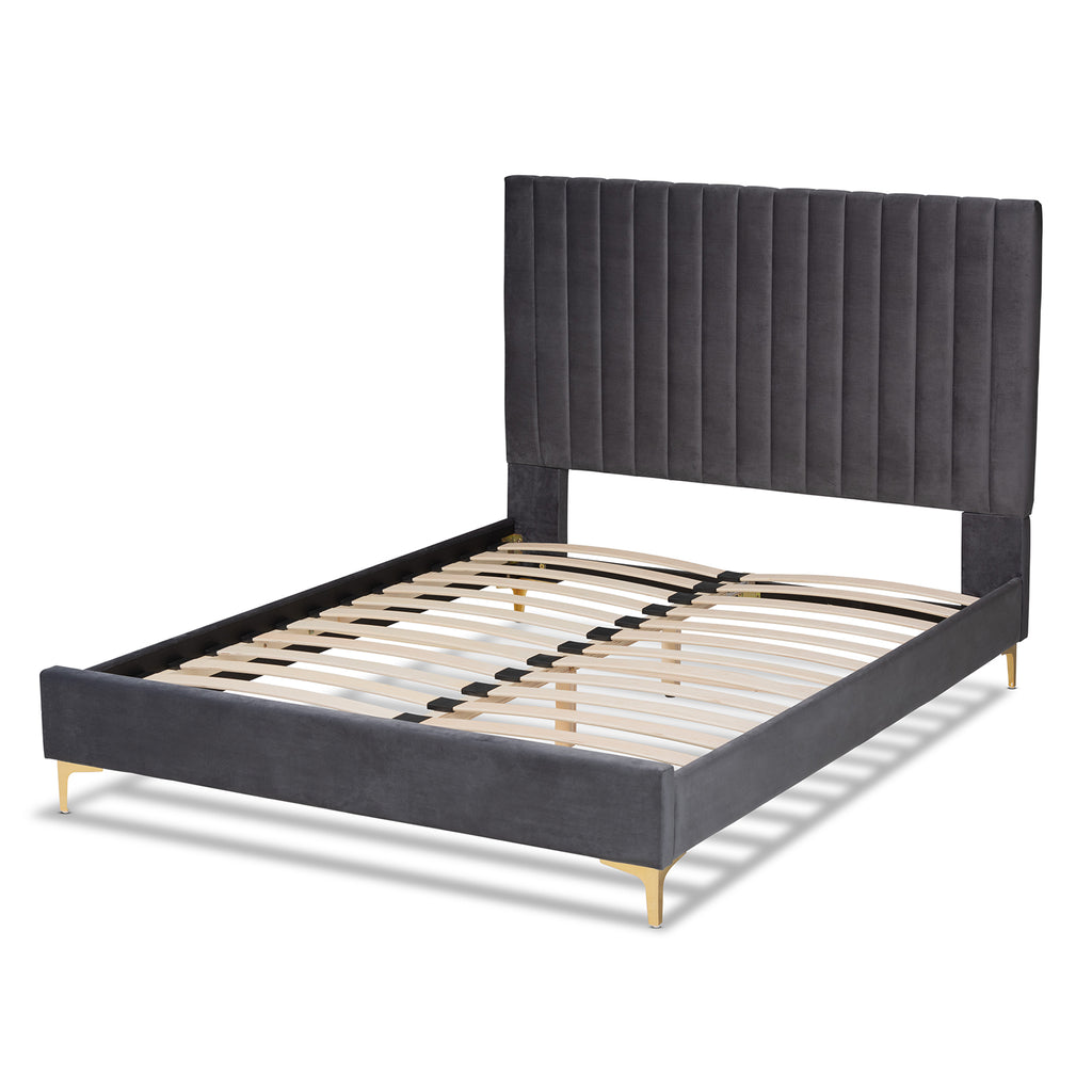 Baxton Studio Serrano Contemporary Glam and Luxe Grey Velvet Fabric Upholstered and Gold Metal Full Size Platform Bed