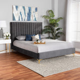 Baxton Studio Serrano Contemporary Glam and Luxe Grey Velvet Fabric Upholstered and Gold Metal King Size Platform Bed