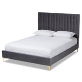 Serrano Contemporary Glam and Luxe Grey Velvet Fabric Upholstered and Gold Metal Queen Size Platform Bed