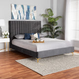 Baxton Studio Serrano Contemporary Glam and Luxe Grey Velvet Fabric Upholstered and Gold Metal Queen Size Platform Bed