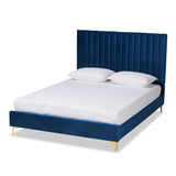 Serrano Contemporary Glam and Luxe Navy Blue Velvet Fabric Upholstered and Gold Metal Queen Size Platform Bed