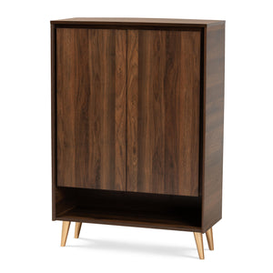 Landen Mid-Century Modern Walnut Brown and Gold Finished Wood 2-Door Entryway Shoe storage Cabinet