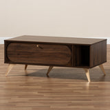 Edel Mid-Century Modern Walnut Brown and Gold Finished Wood Coffee Table