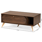 Edel Mid-Century Modern Walnut Brown and Gold Finished Wood Coffee Table