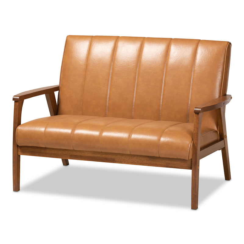 Nikko Mid century Modern Tan Faux Leather Upholstered and Walnut