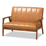 Nikko Mid-century Modern Tan Faux Leather Upholstered and Walnut Brown finished Wood Loveseat