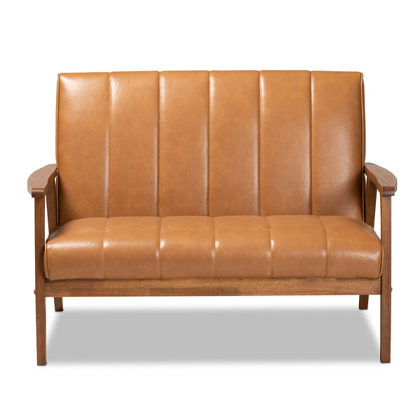 Baxton Studio Nikko Mid-century Modern Tan Faux Leather Upholstered and Walnut Brown finished Wood Loveseat