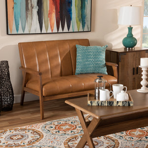Baxton Studio Nikko Mid-century Modern Tan Faux Leather Upholstered and Walnut Brown finished Wood Loveseat