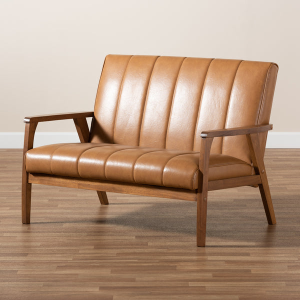 Baxton Studio Nikko Mid-century Modern Tan Faux Leather Upholstered and Walnut Brown finished Wood Loveseat